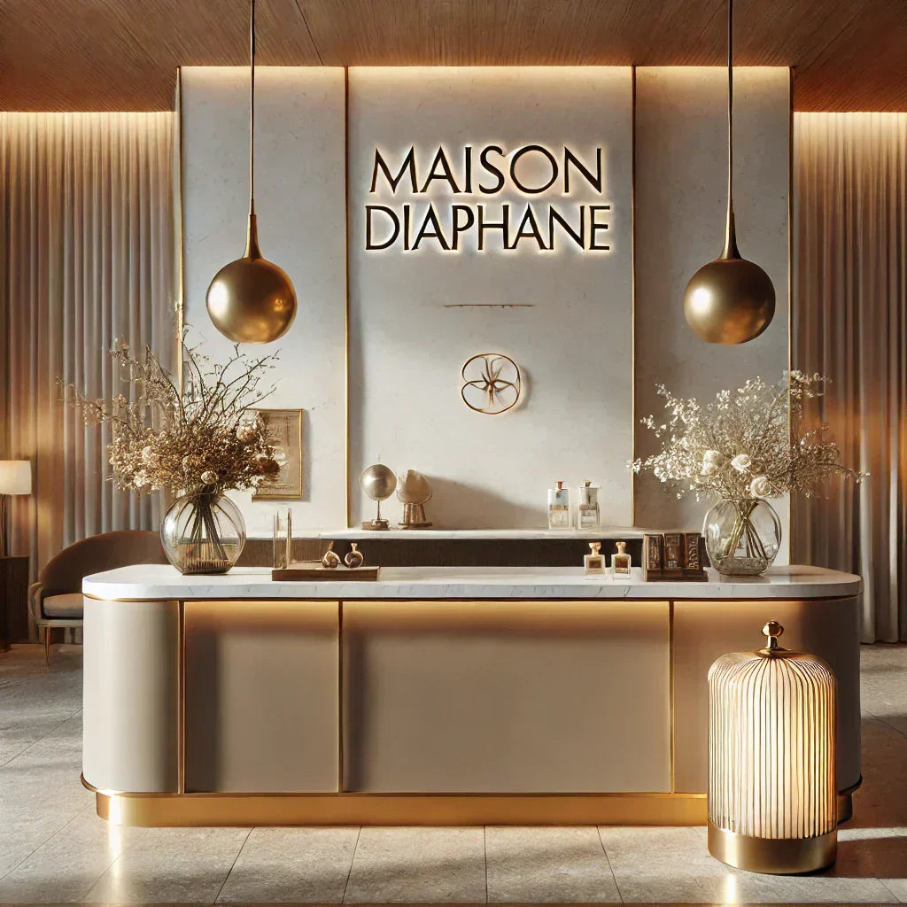 "Réception élégante, avec lumière douce, décor raffiné et diffuseur de parfum haut de gamme discret pour une expérience olfactive immersive."