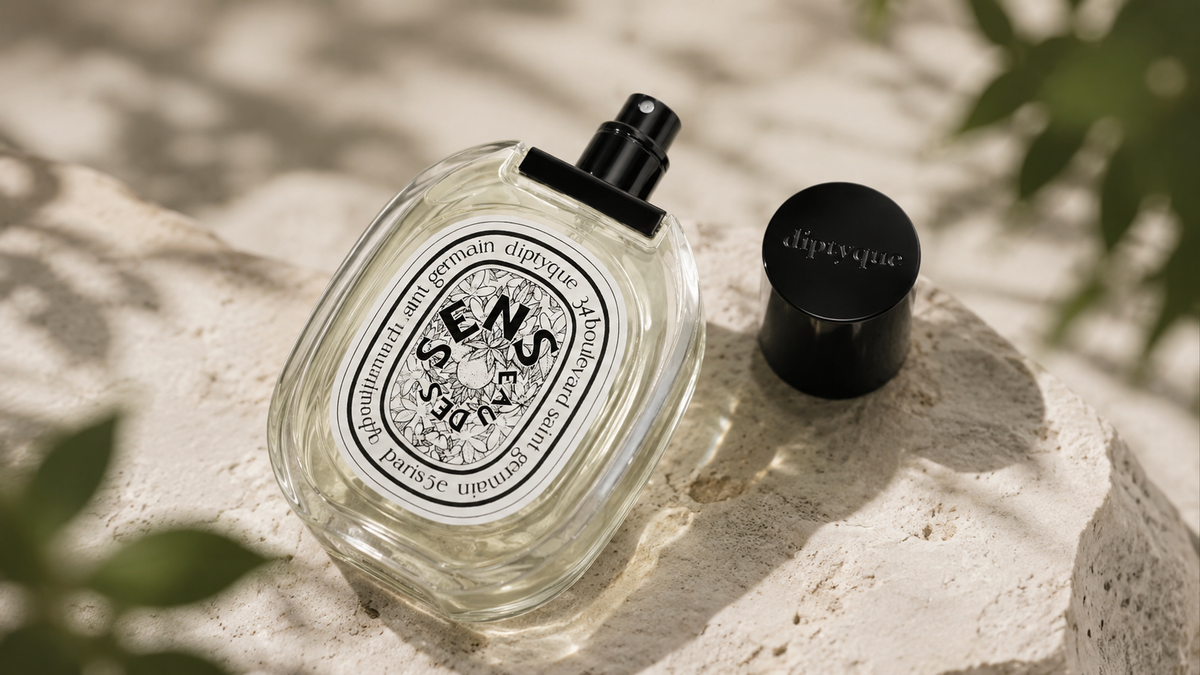 Eau des Sens Diptyque posé sur une pierre minérale avec lumière naturelle douce et fond flouté élégant – Maison Diaphane