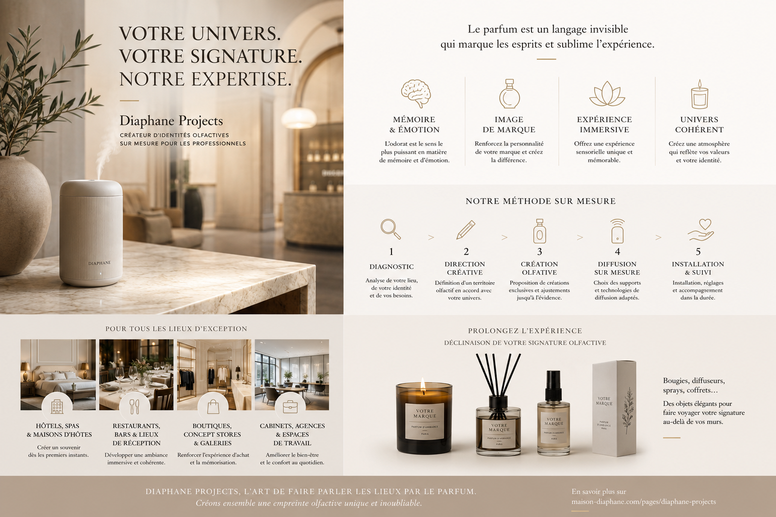 Identité olfactive sur mesure pour hôtels, restaurants, boutiques et entreprises par Diaphane Projects, agence de marketing olfactif et diffusion de parfum d’ambiance professionnel, Maison Diaphane