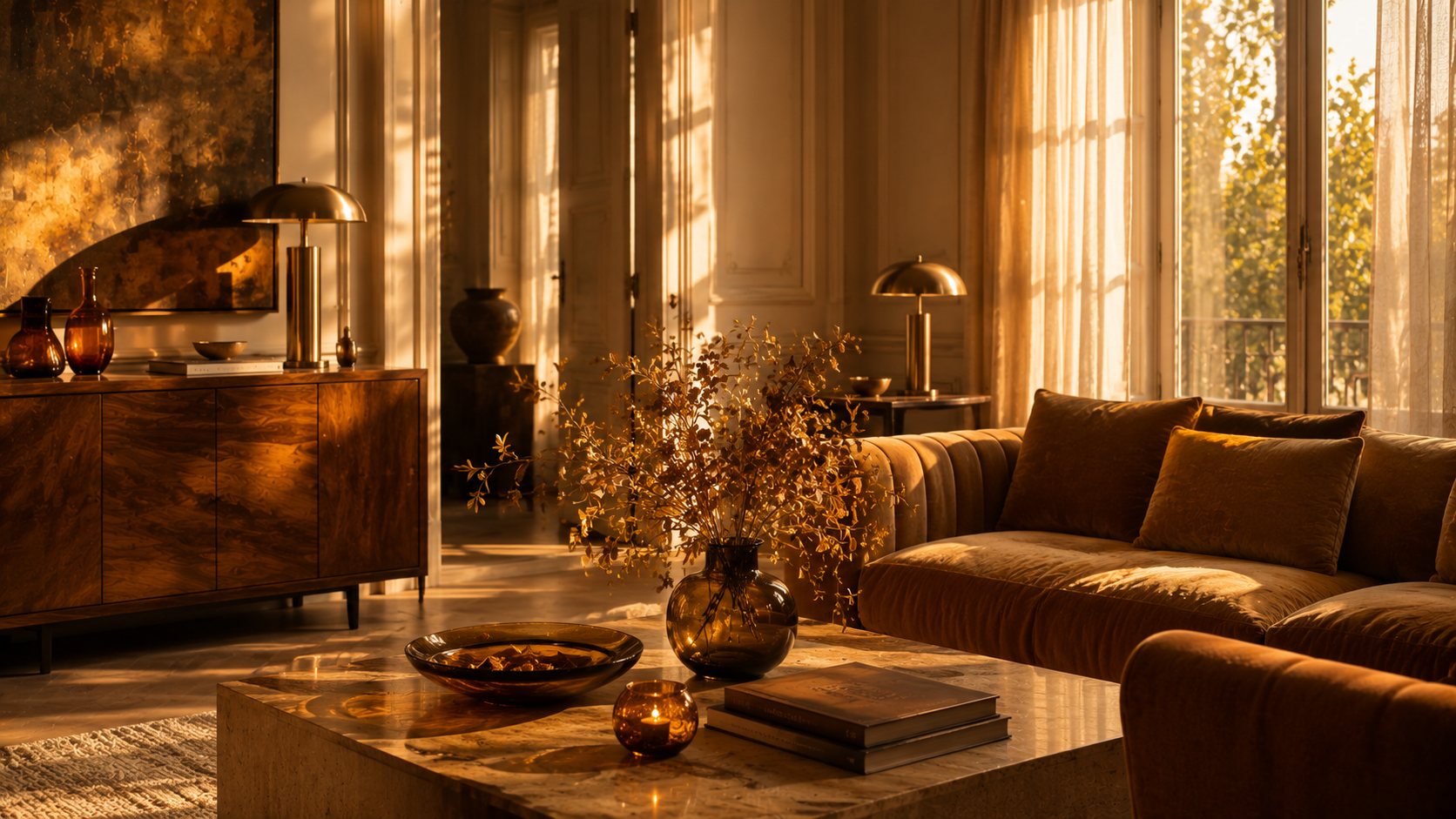 Salon élégant baigné de lumière dorée évoquant la famille olfactive ambrée et ses notes chaleureuses Maison Diaphane