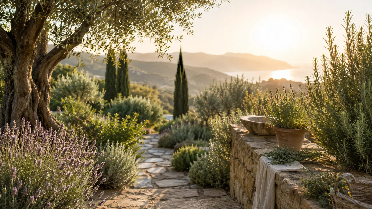 Jardin méditerranéen aux herbes aromatiques baigné de lumière naturelle évoquant la famille olfactive aromatique Maison Diaphane