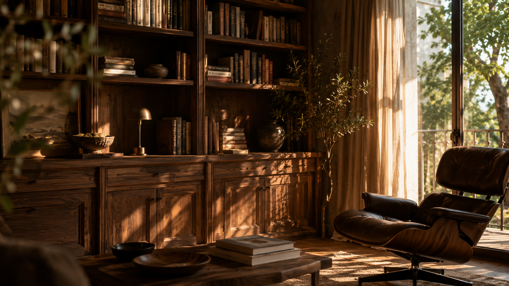 Bibliothèque élégante en bois noble baignée de lumière naturelle évoquant la famille olfactive boisée Maison Diaphane