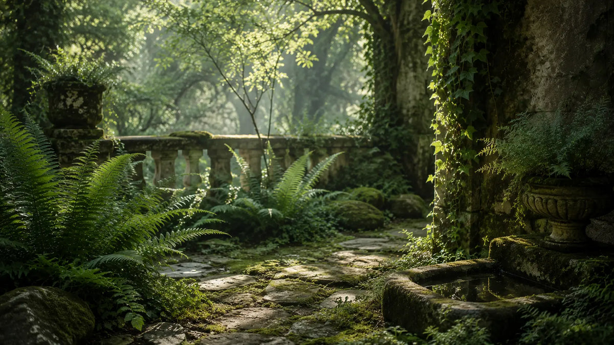 Sous-bois luxuriant aux fougères et pierres moussues évoquant la famille olfactive fougère Maison Diaphane