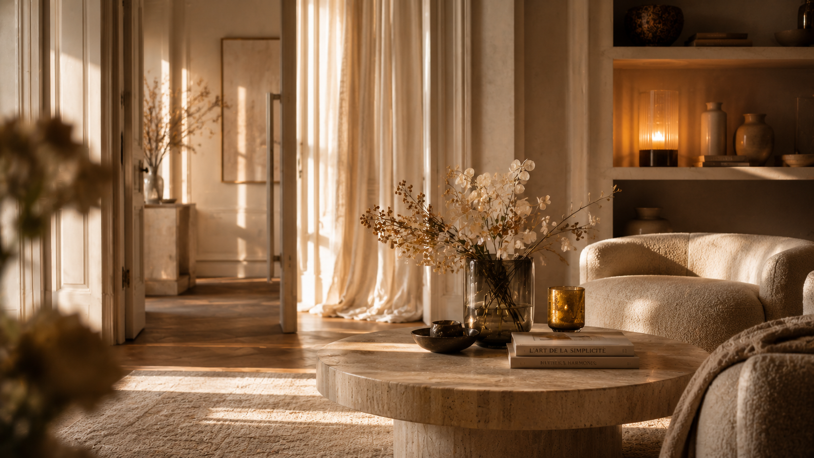 Intérieur chaleureux aux tons vanille et noisette évoquant la famille olfactive gourmande Maison Diaphane