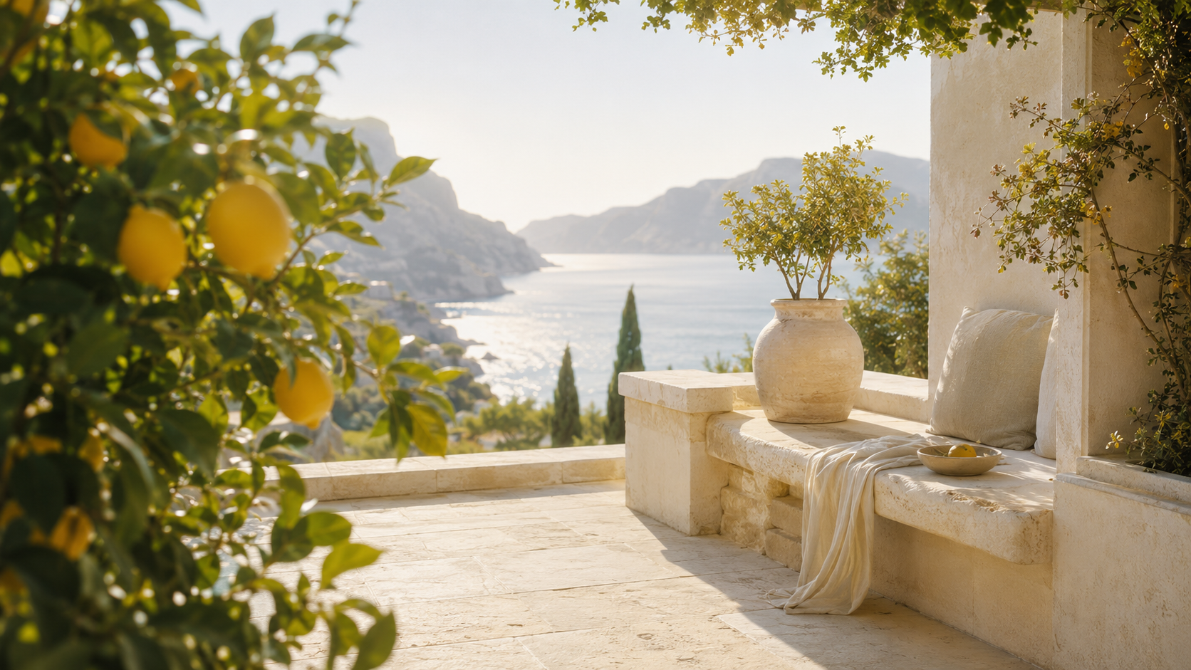 Terrasse méditerranéenne baignée de soleil évoquant la famille olfactive hespéridée et les notes d'agrumes Maison Diaphane