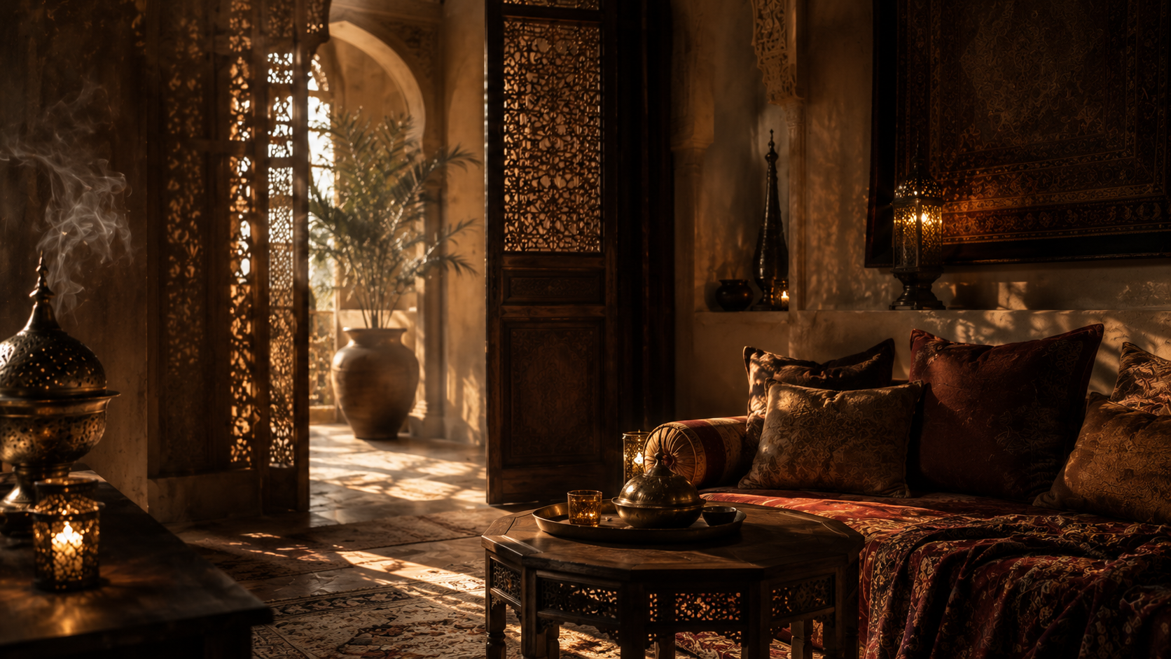 Salon aux matières précieuses et lumière ambrée évoquant la famille olfactive orientale Maison Diaphane