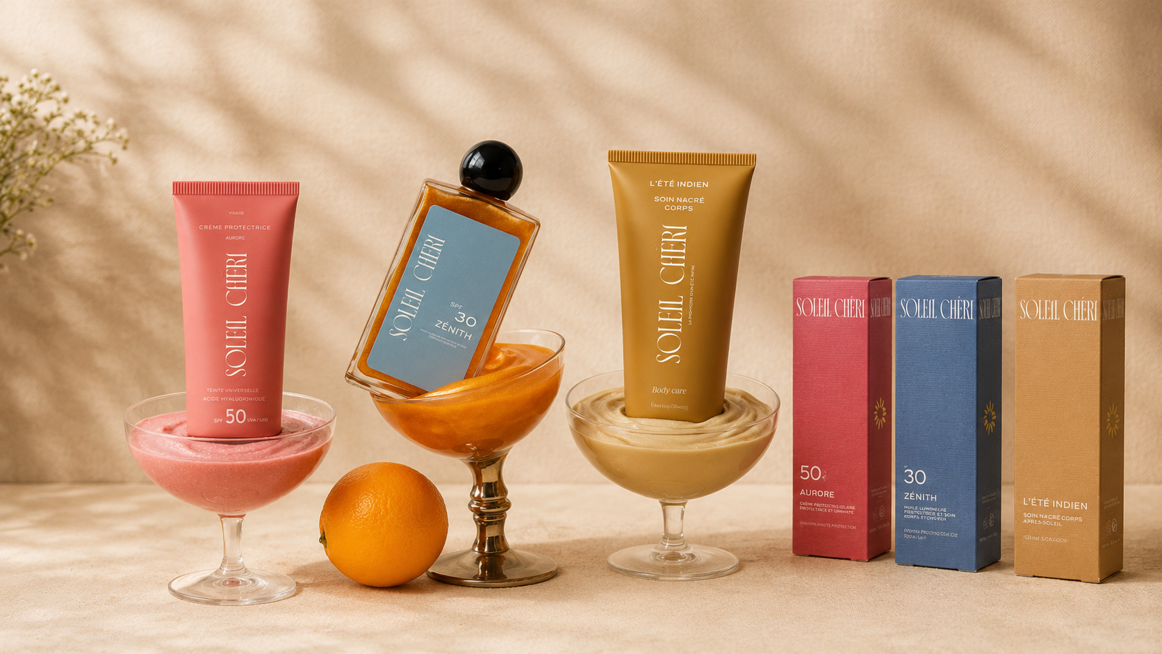 Collection Soleil Chéri composée de soins solaires premium et huiles protectrices chez Maison Diaphane.