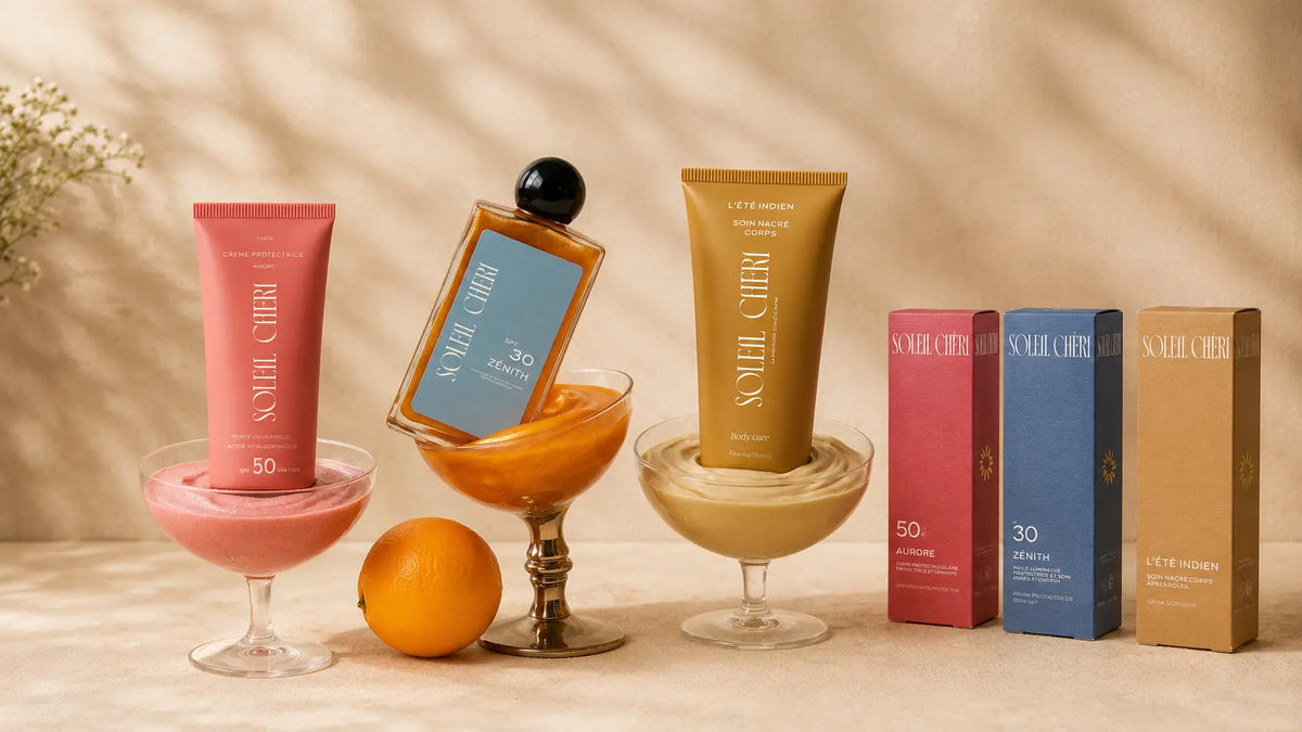 Collection Soleil Chéri composée de soins solaires premium et huiles protectrices chez Maison Diaphane.