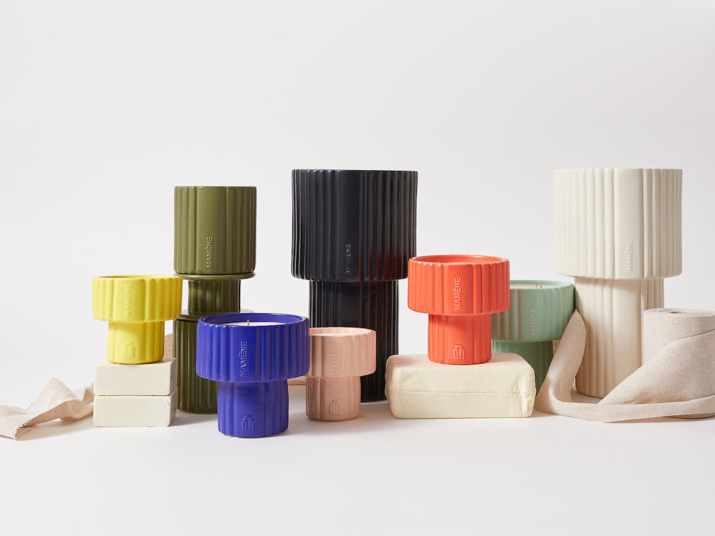 Bougies haut de gamme et objets de décoration Mamène au design contemporain disponibles chez Maison Diaphane