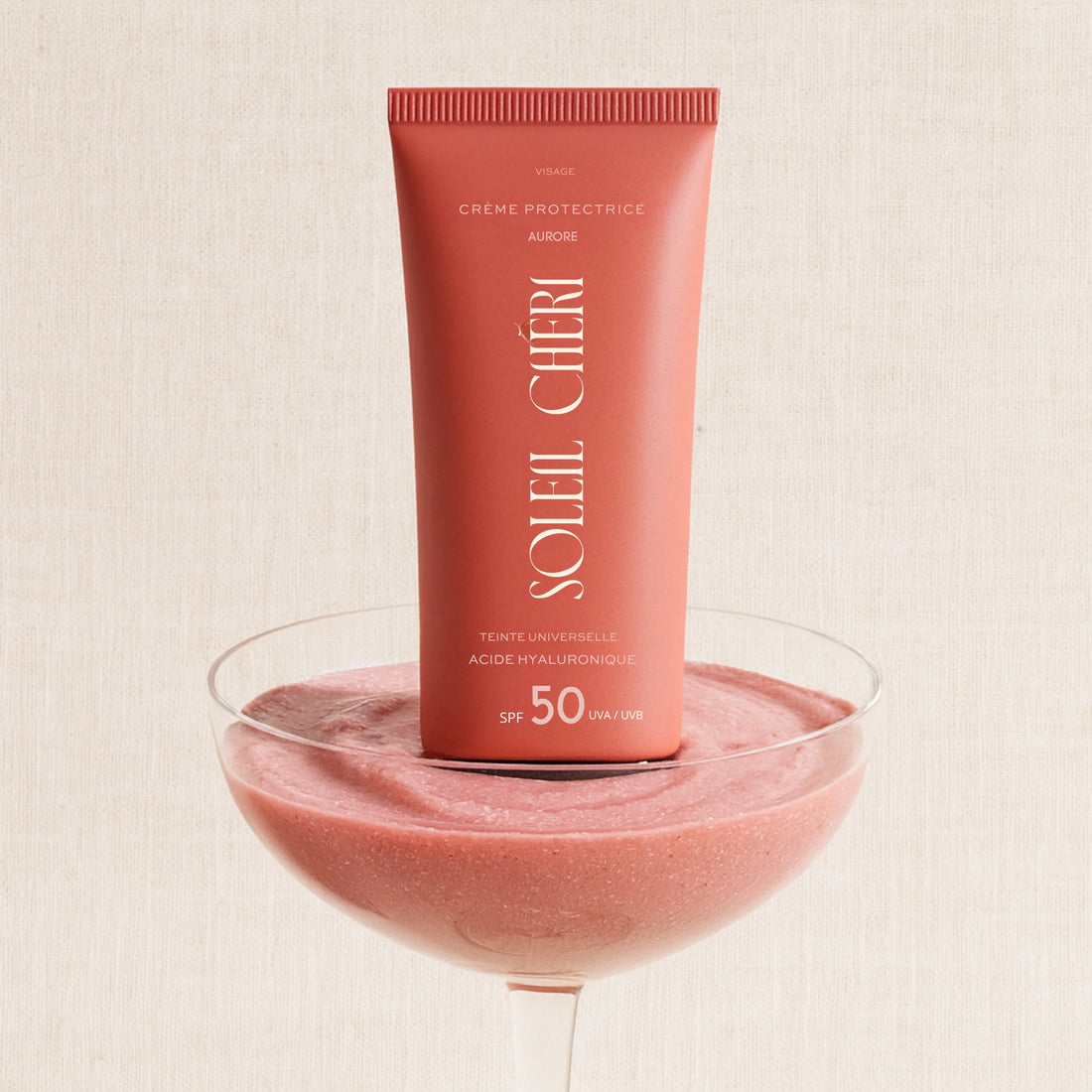 Crème teintée SPF50 Aurore par SOLEIL CHERI – soin solaire hydratant et illuminateur visage – Maison Diaphane