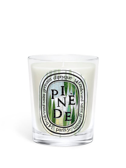 Bougie Pinède Diptyque édition estivale dans son verre transparent et son étui décoré d’une mosaïque végétale verte inspirée d’un jardin méditerranéen, Maison Diaphane.