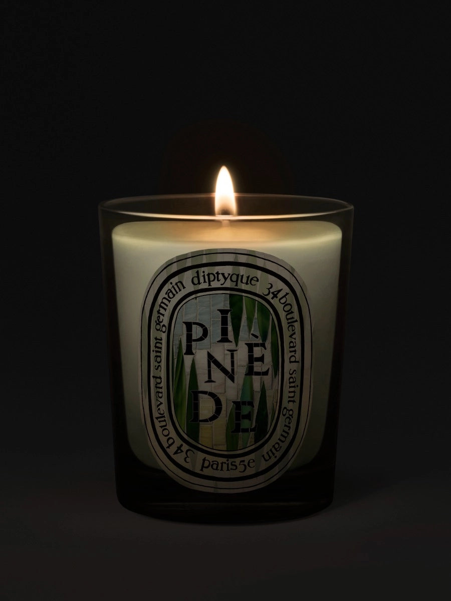 Bougie Pinède Diptyque édition estivale dans son verre transparent et son étui décoré d’une mosaïque végétale verte inspirée d’un jardin méditerranéen, Maison Diaphane.